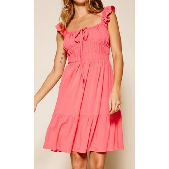 40 Coral round neck elastic smocked waist tiered flowy babydoll dress - Picture 3 of 8
